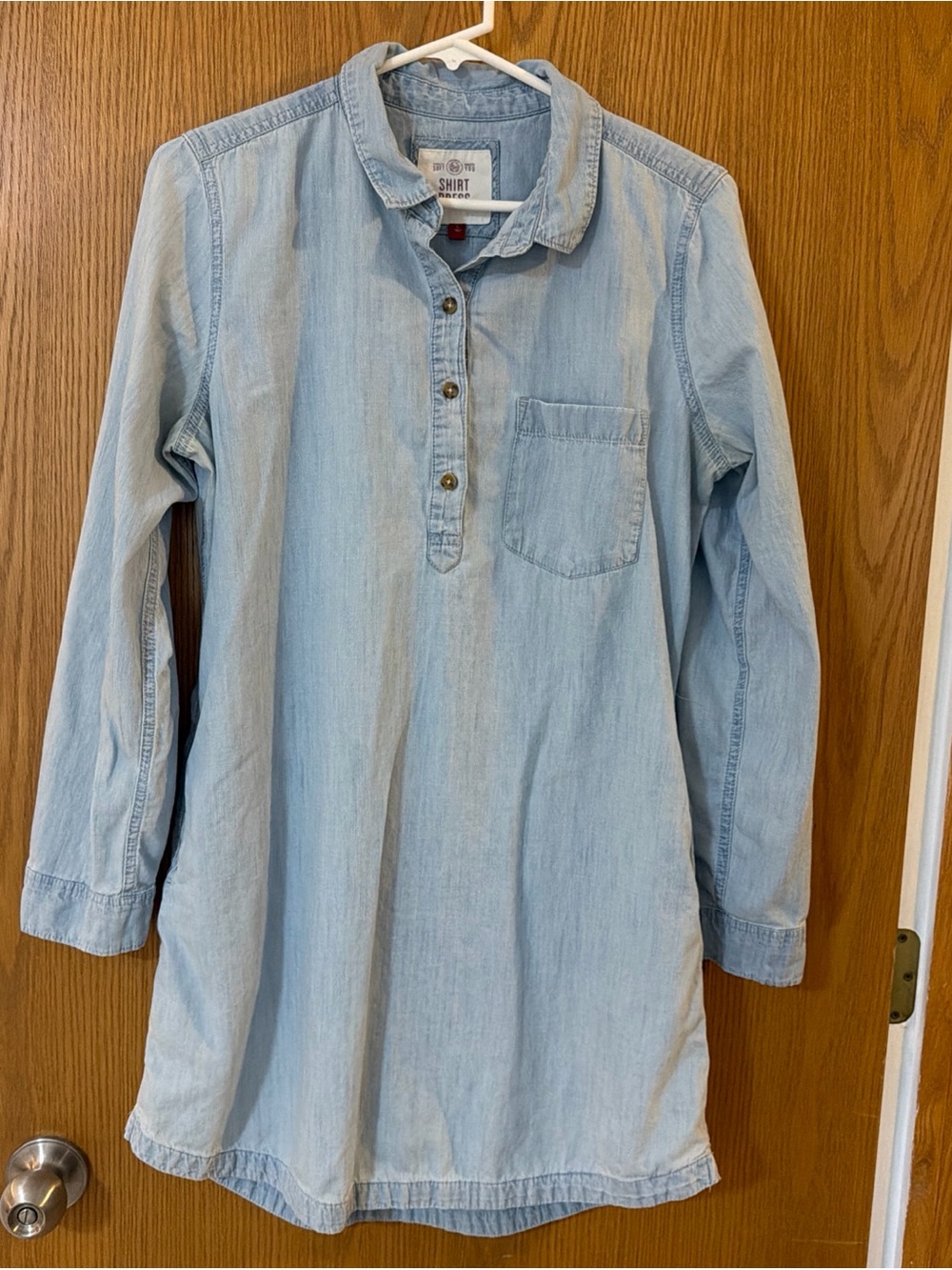 SO Light Blue Denim Chambray Shirt Dress Long Roll Tab Sleeves Women's Size L